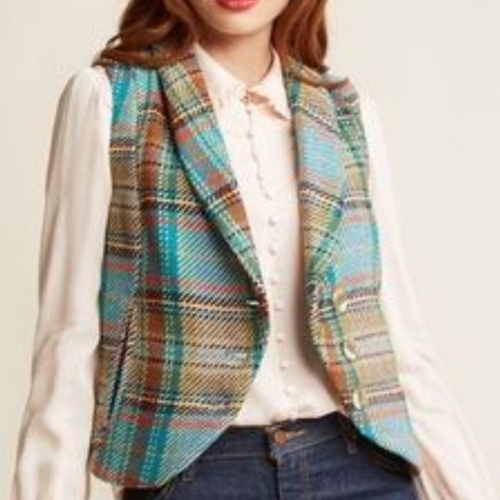 Modcloth Multicolor Plaid Vest Size Large EUC